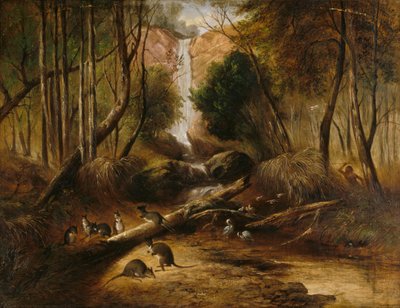 Bush Landscape with Waterfall and an Aborigine Stalking Native Animals, New South Wales by John Skinner Prout